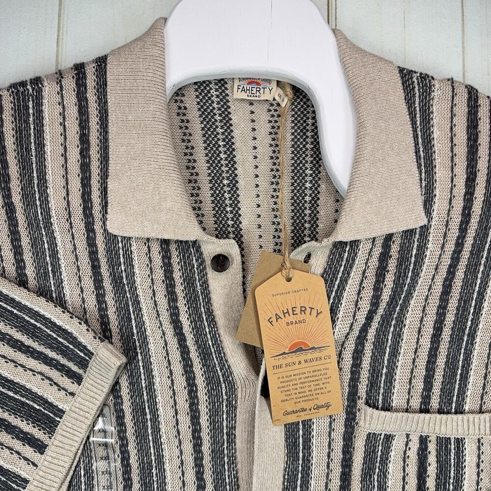 Faherty Short Sleeve Sweater Shirt Mens 2XL Beige Mountain Stripe Knit
